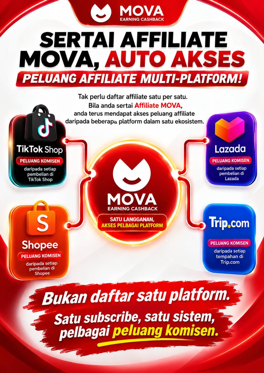 Sertai Affiliate MOVA dan akses peluang affiliate TikTok Shop, Shopee, Lazada dan Trip.com